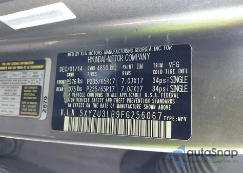 2015 Hyundai Santa Fe Sport 2.4L from USA, damaged, VIN 5XYZU3LB9FG256067